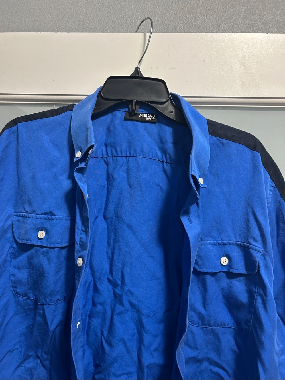 Murano Men's Royal Blue Button-Front Shirt Jacket with Black Shoulder Panel